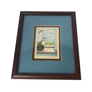 Vintage Hand Drawn Cat Art Framed Cat Lover. 
Minor wear to the frame